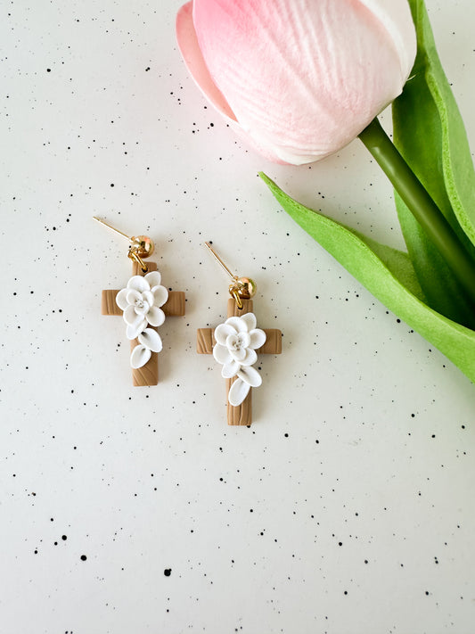 White Floral Cross Dangles